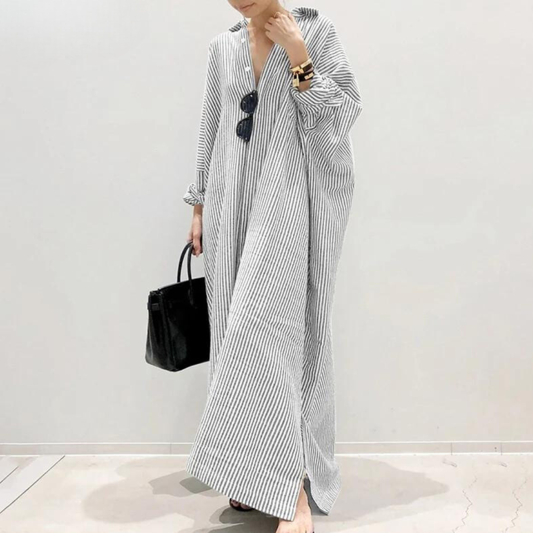 Vertical Stripe V-Neck Collar Button Down High Split Shirt Maxi Dress - View 3