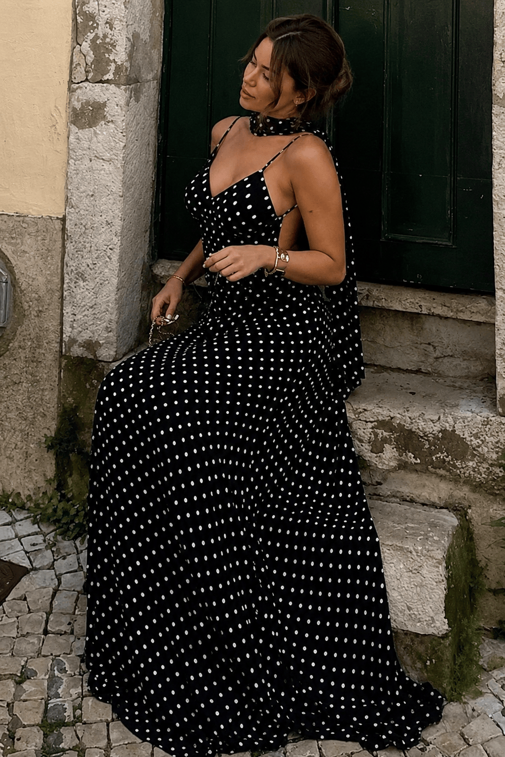 Polka Dot Spaghetti Strap V-Neck Scarf Bias Maxi Dress 2