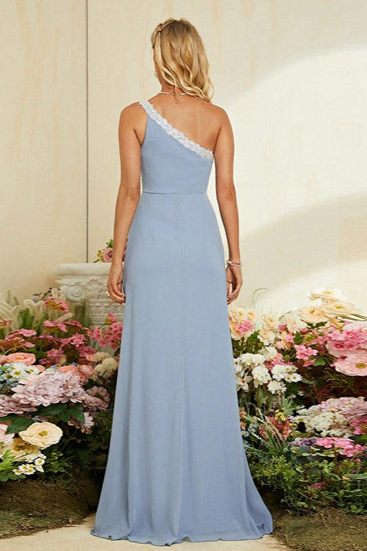 One Shoulder Ruched Lace Trim High Split Maxi Gown - View 4