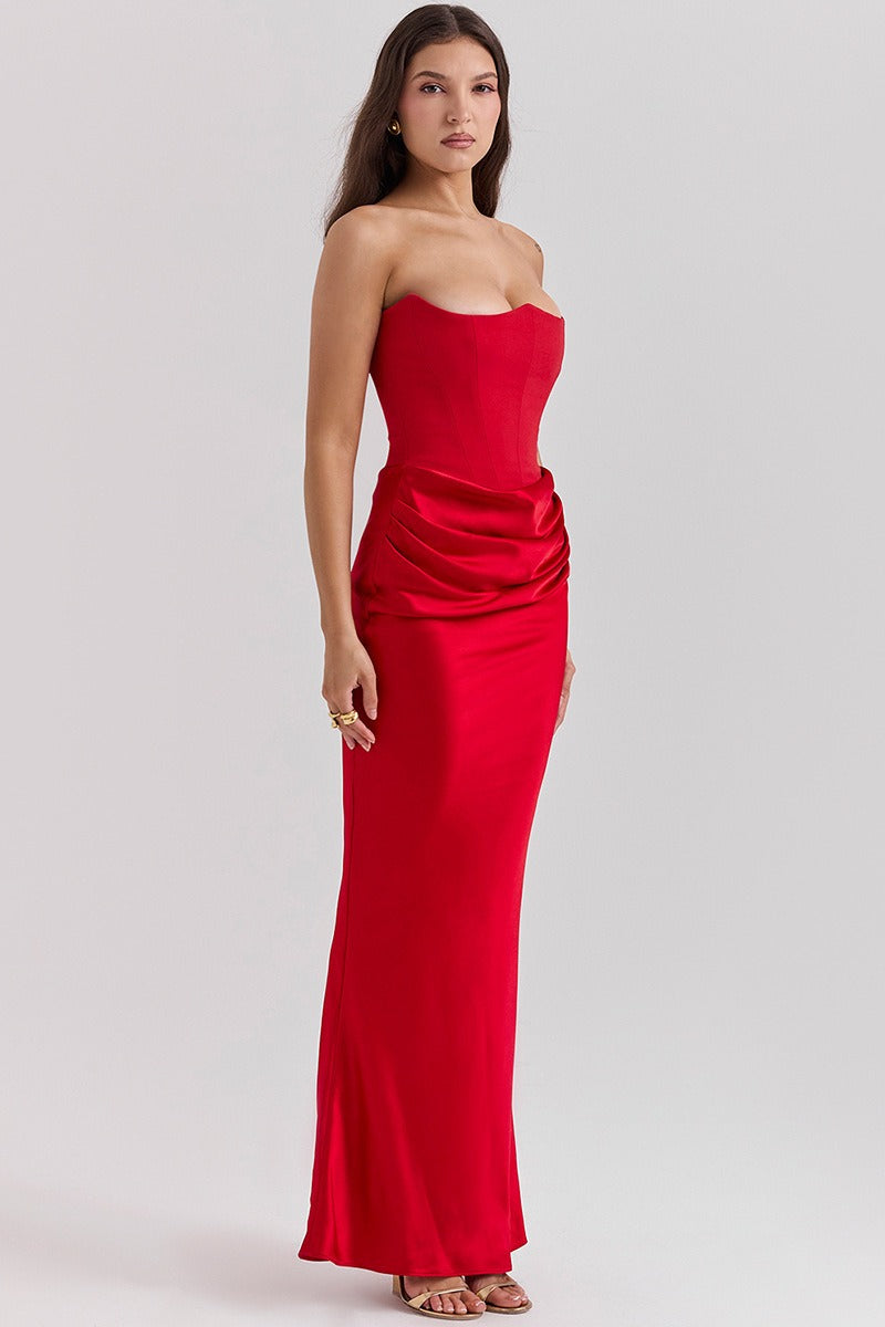 Strapless Corset Draped Satin Mermaid Maxi Gown - View 7