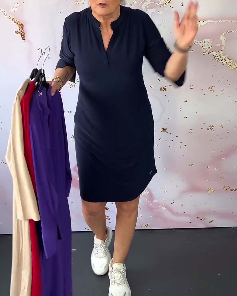 Three Quarter Sleeve Notched V-Neck Shift Knee Length Dress - View 3