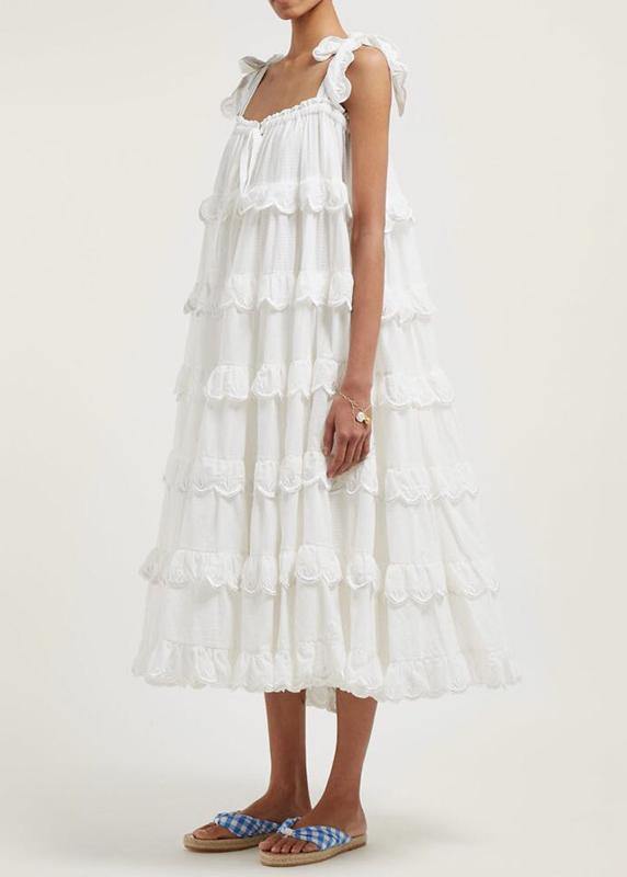 Spaghetti Strap Tiered Ruffle Scallop Embroidered Low Back Maxi Dress - View 3
