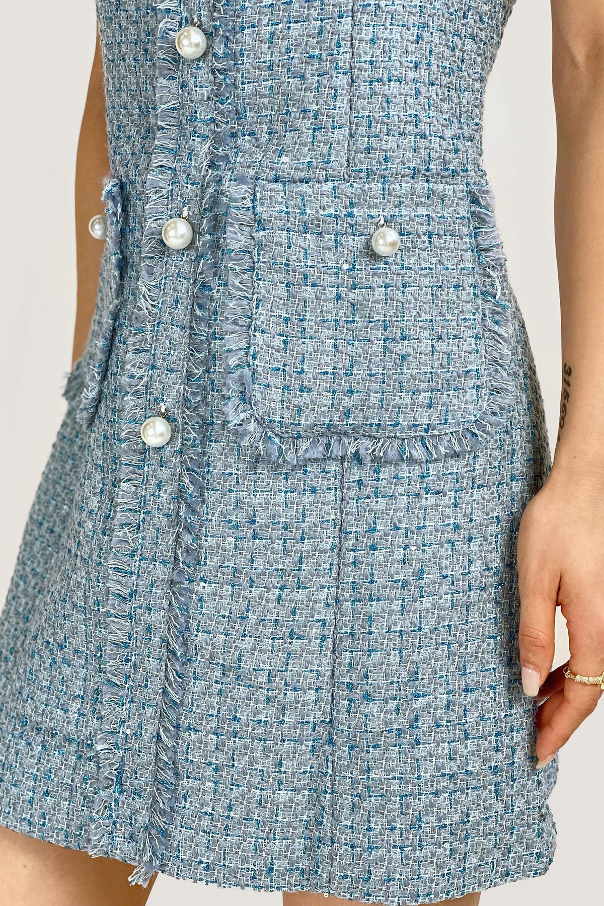 Pearl Collar Raw Fringe Trim Tweed Sleeveless Mini Dress - View 10