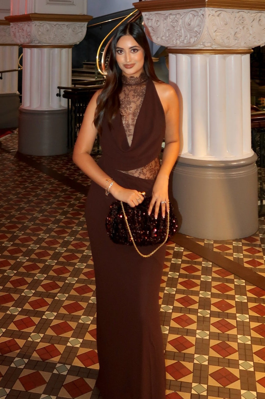 Halter Neck Lace Cut Out Backless Bias Cut Maxi Dress - View 8