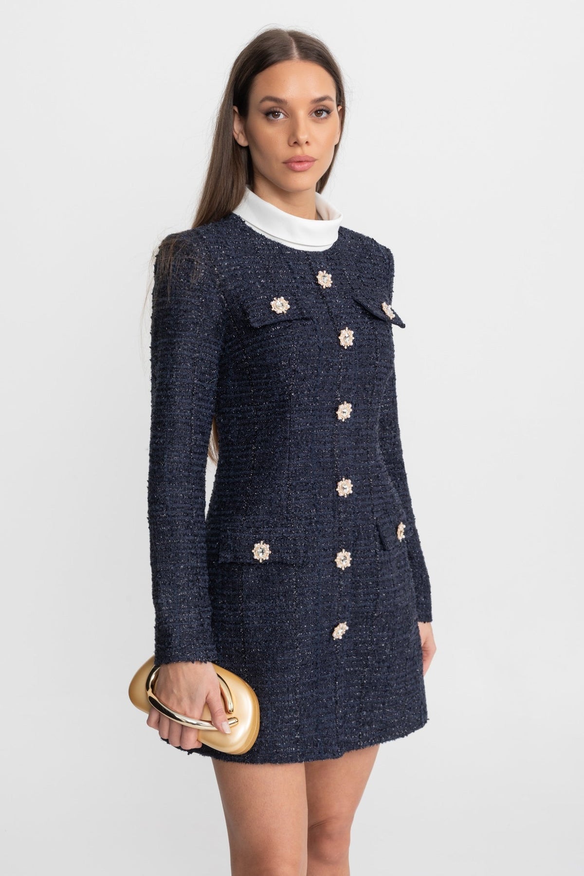 Tweed Long Sleeve Rhinestone Flower Button Flap Shift Mini Dress