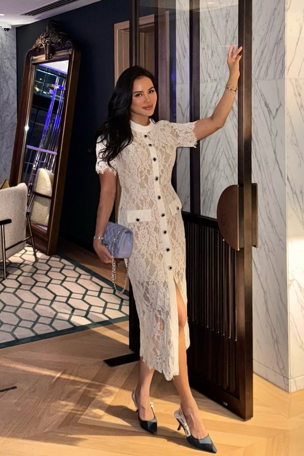 Lace High Neck Button Front Pocket Slit Midi Dress - View 3