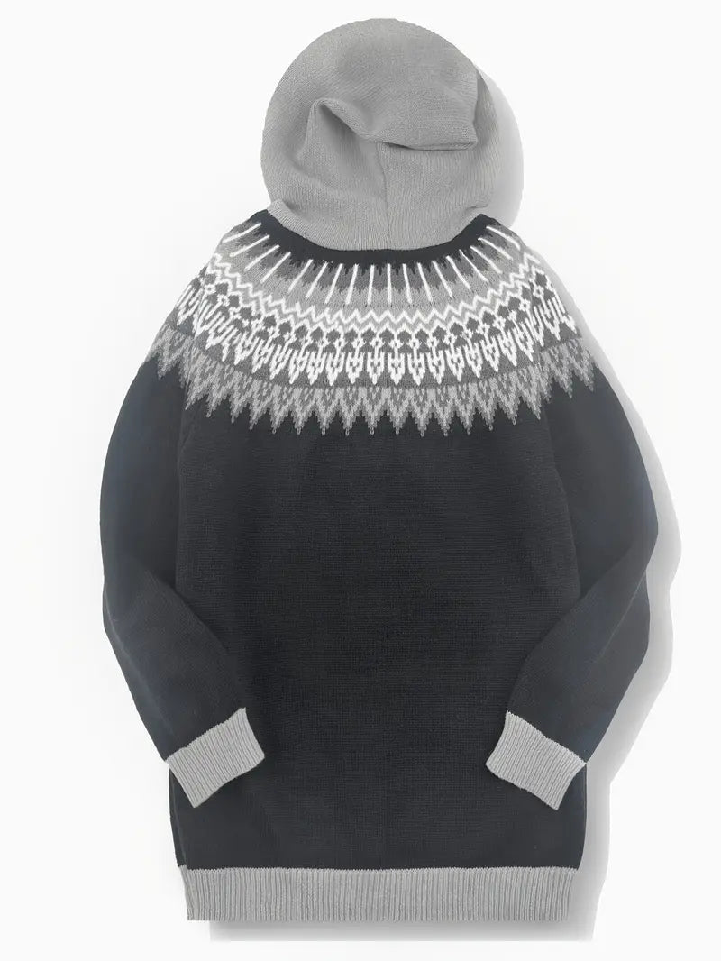 Hooded Button Front Fair Isle Knit Longline Cardigan 11