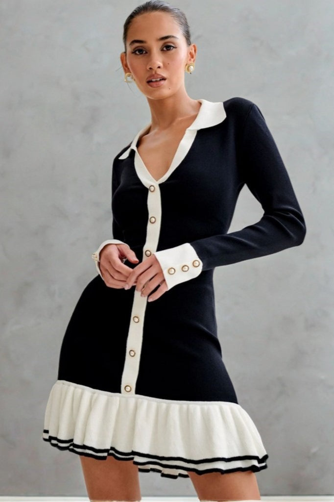 Pearl Button Ruffled Collar Knit Sweater Dress