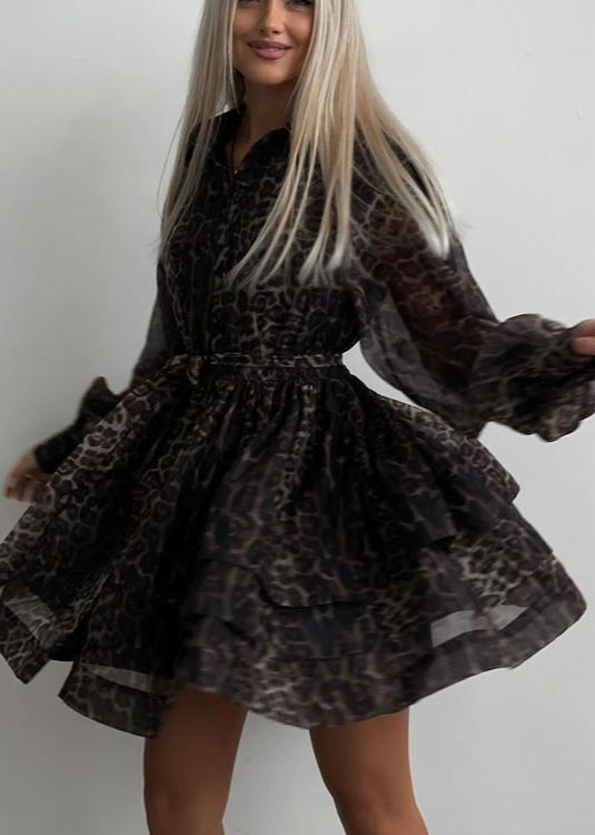Animal Print Collar Long Sleeve Tiered Ruffle Chiffon Mini Dress - View 3