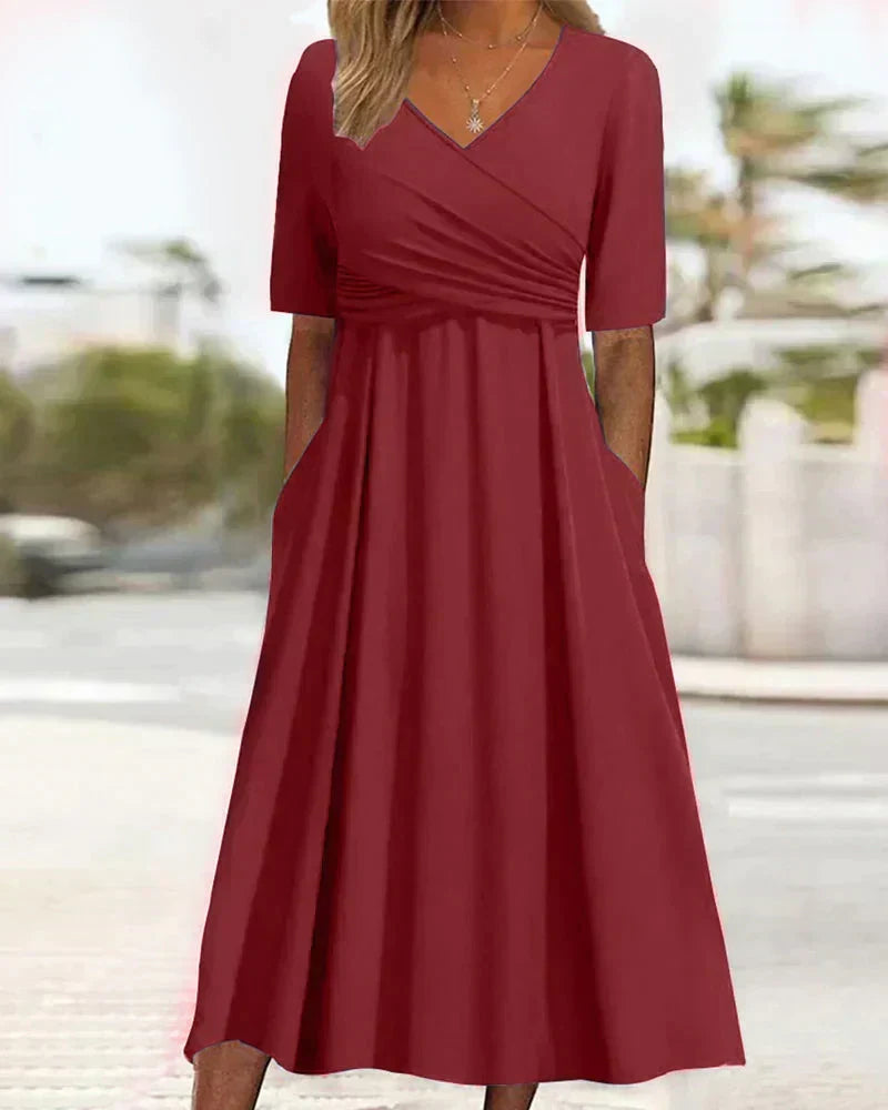 Wrap Deep V-Neck Short Sleeve Ruched A-Line Midi Dress - View 6