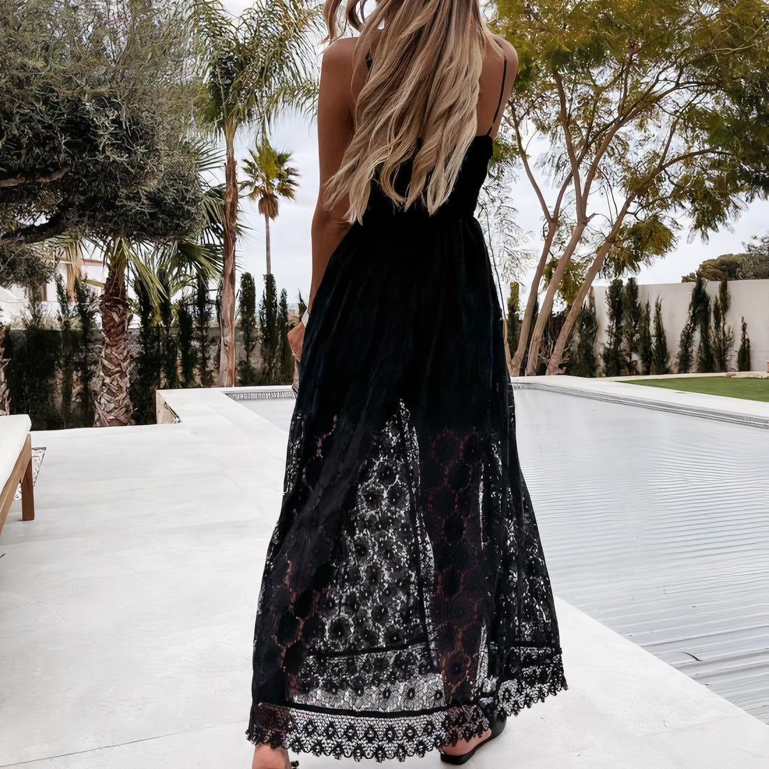 Lace Surplice Spaghetti Strap Romper Sheer Lace Overlay Maxi Dress - View 2