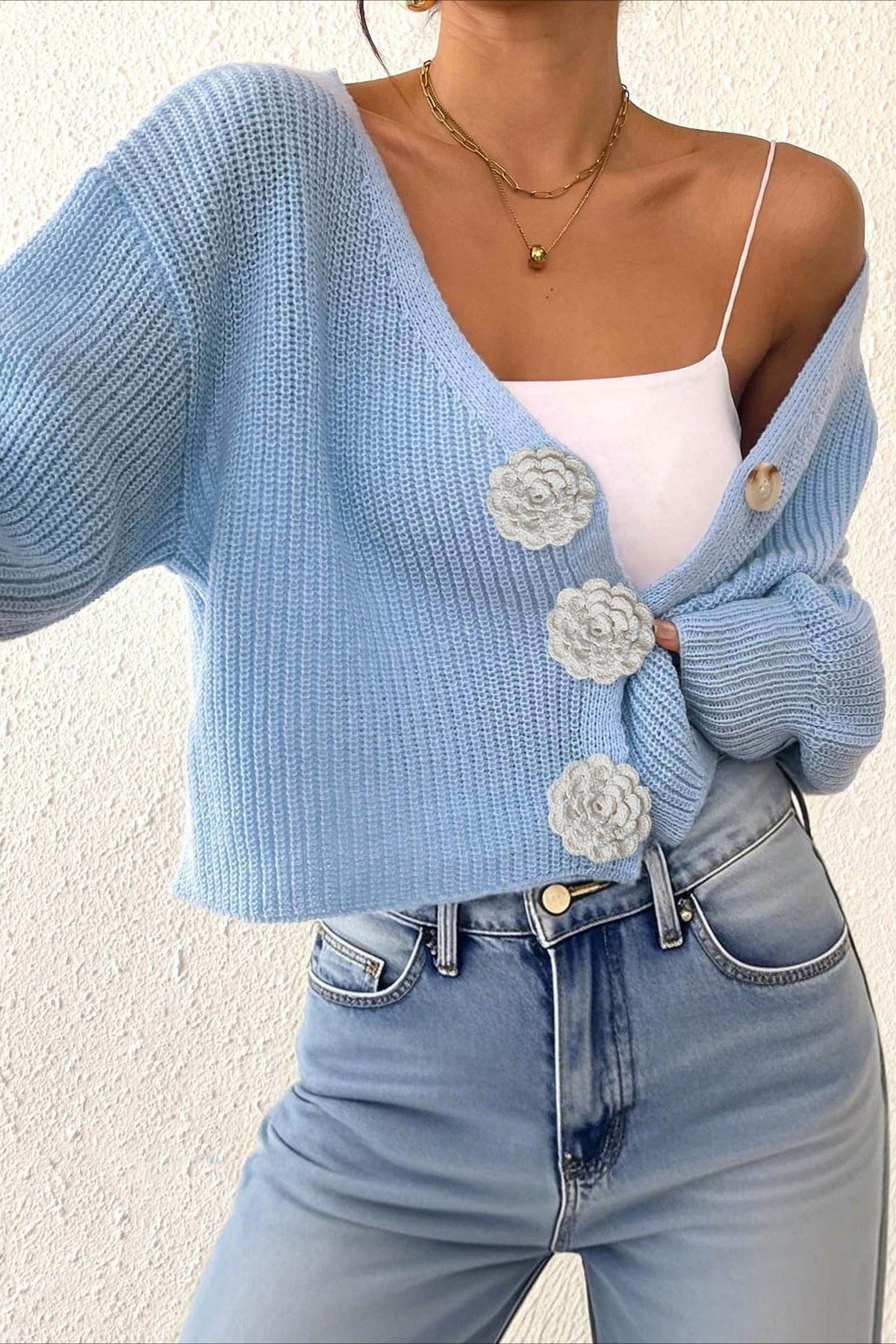 Button Front Crochet Knit Crop Sweater