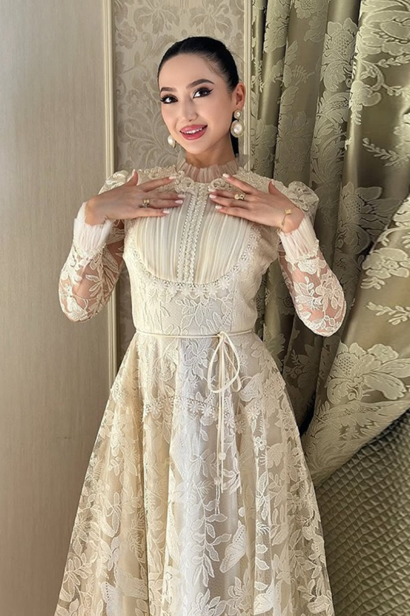 Lace Floral Embroidered High Neck Ruffle Long Sleeve A-Line Gown - View 3