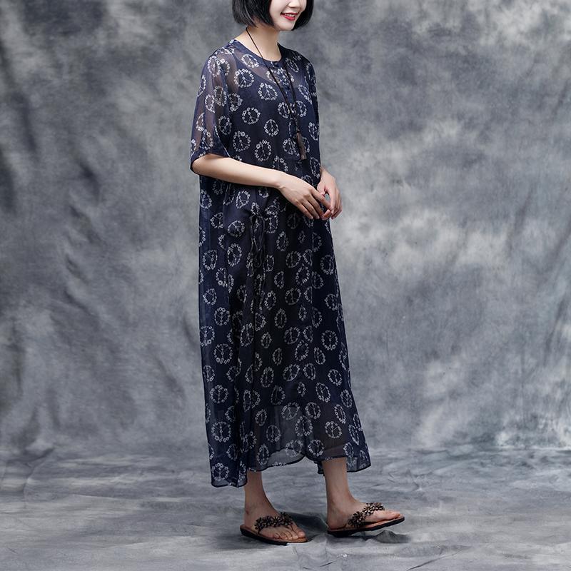 Peace Sign Print Henley Neck Short Sleeve Drawstring Maxi Dress