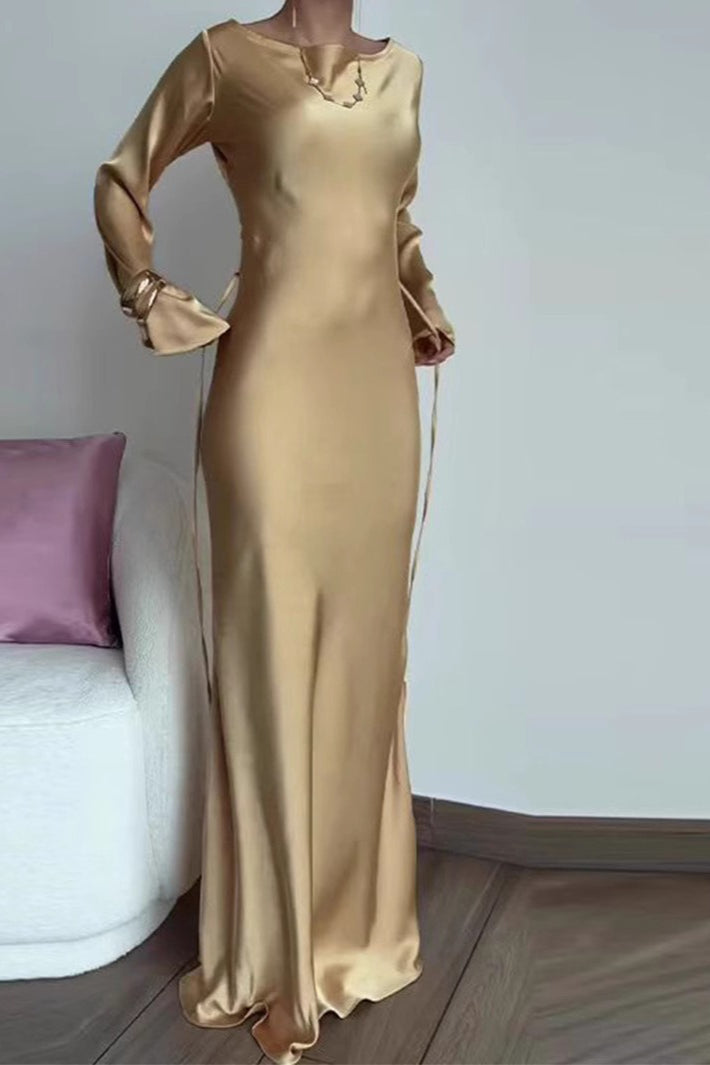 Satin Boat Neck Long Sleeve Tie Waist Bias Cut Maxi Gown