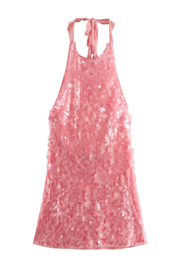 Disc Sequin Halter Neck Ruched Bodycon Mini Dress in Pink - View 5