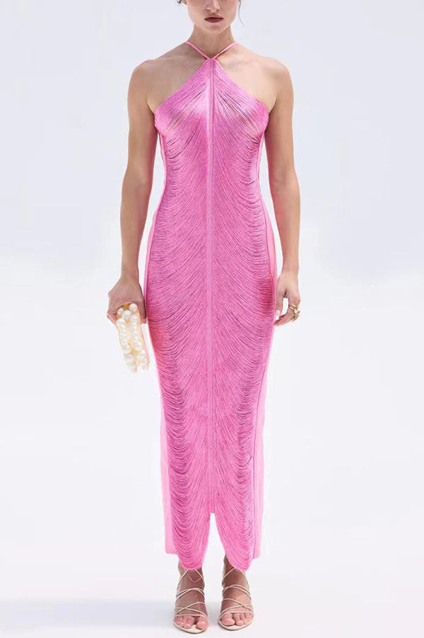 Sexy Allnight Metallic Halterneck Backless Fringed Slit Maxi Dress - View 5