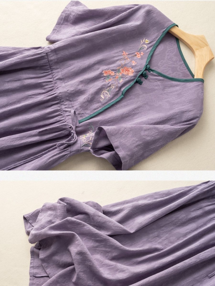Floral Embroidery Frog Button Crossover V-Neck Tie Waist Midi Dress - View 8