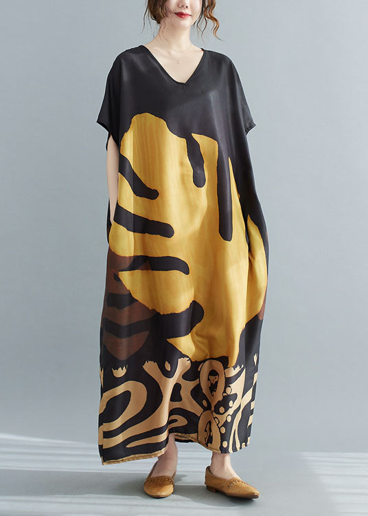 Chiffon V-Neck Short Sleeve Abstract Leaf Print Kaftan Maxi Dress - View 4