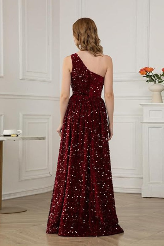 Sequin One Shoulder A-Line Maxi Prom Dress - View 3