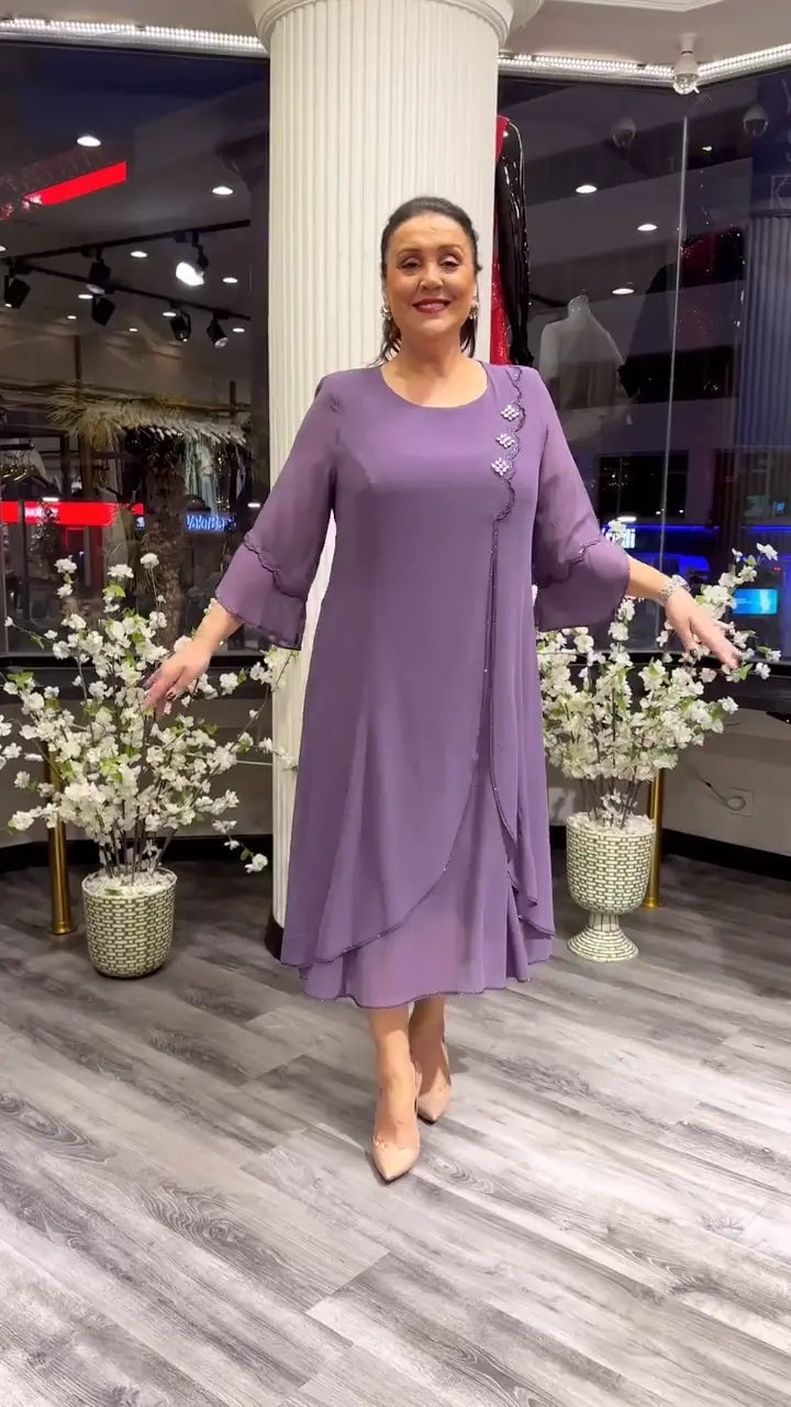 Chiffon Floral Applique Bell Sleeve A-Line Midi Dress - View 12