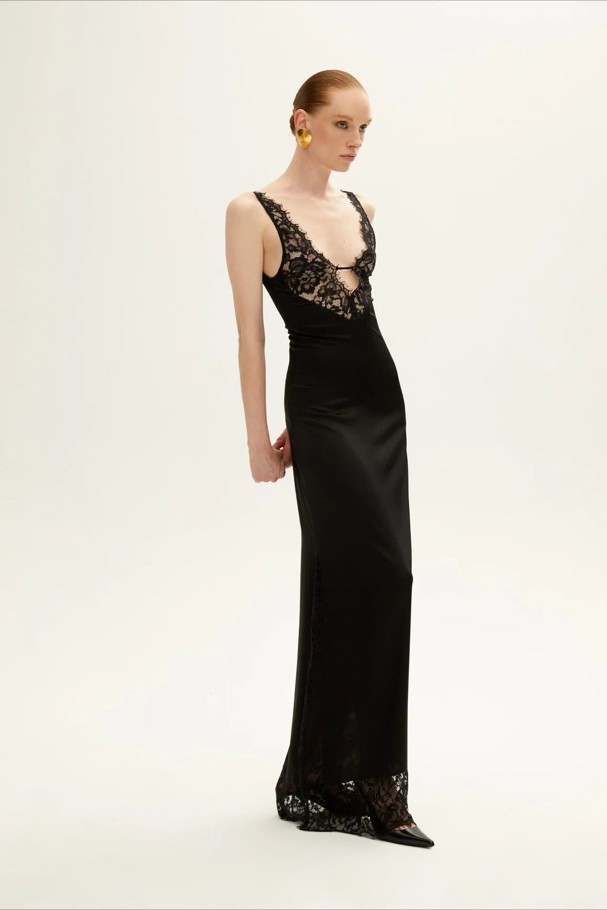 Satin Deep V-Neck Lace Trim Slip Maxi Dress - View 5