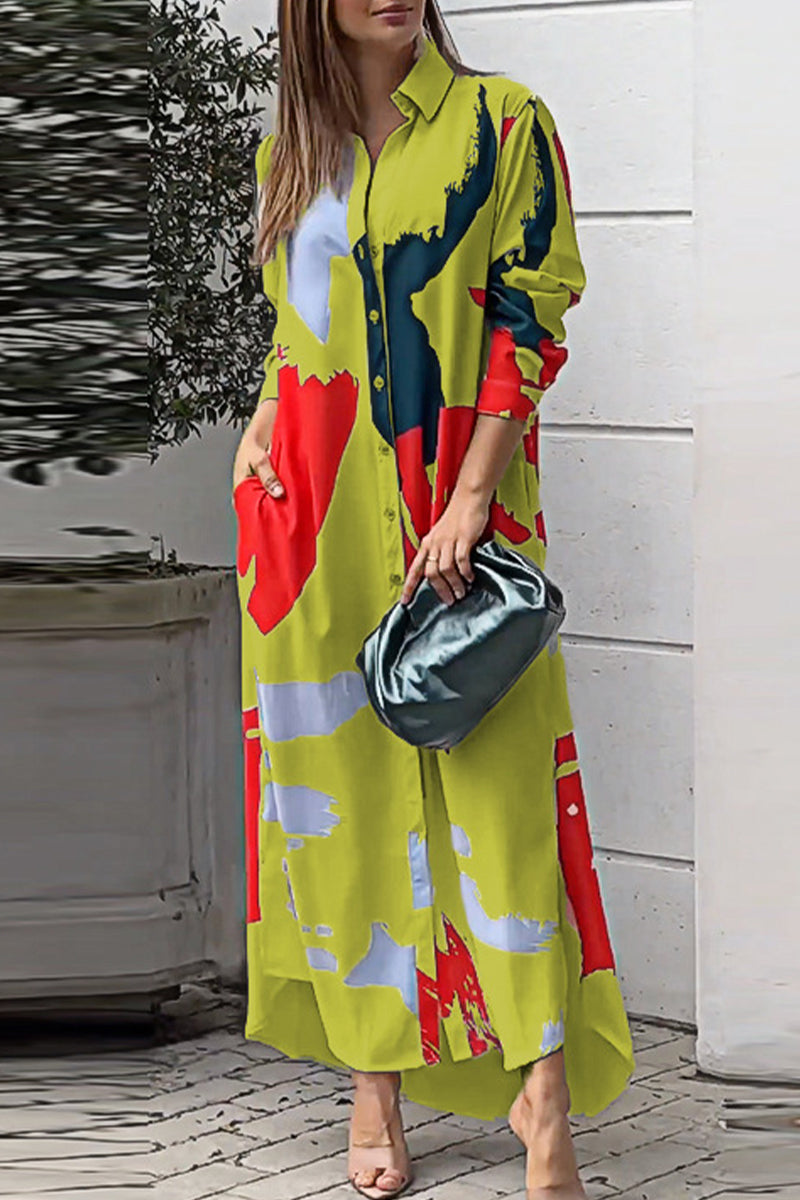 Collared Button Front Long Sleeve Pocket Slit Maxi Shirt Dress - View 4