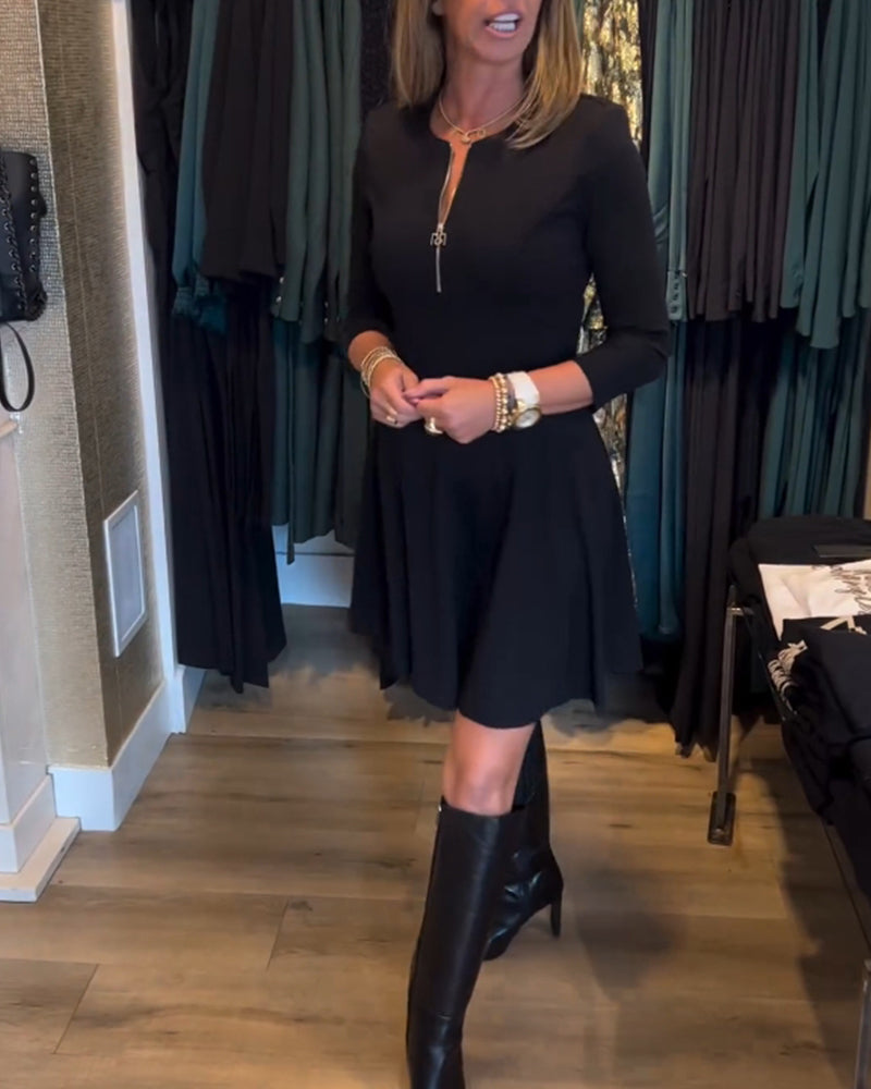 Round Neck Exposed Zip Front Three Quarter Sleeve A-Line Mini Dress