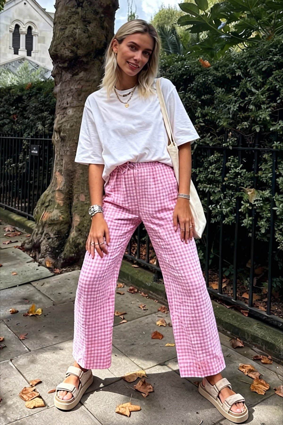 Gingham Print Elastic Waist Drawstring Lounge Pant