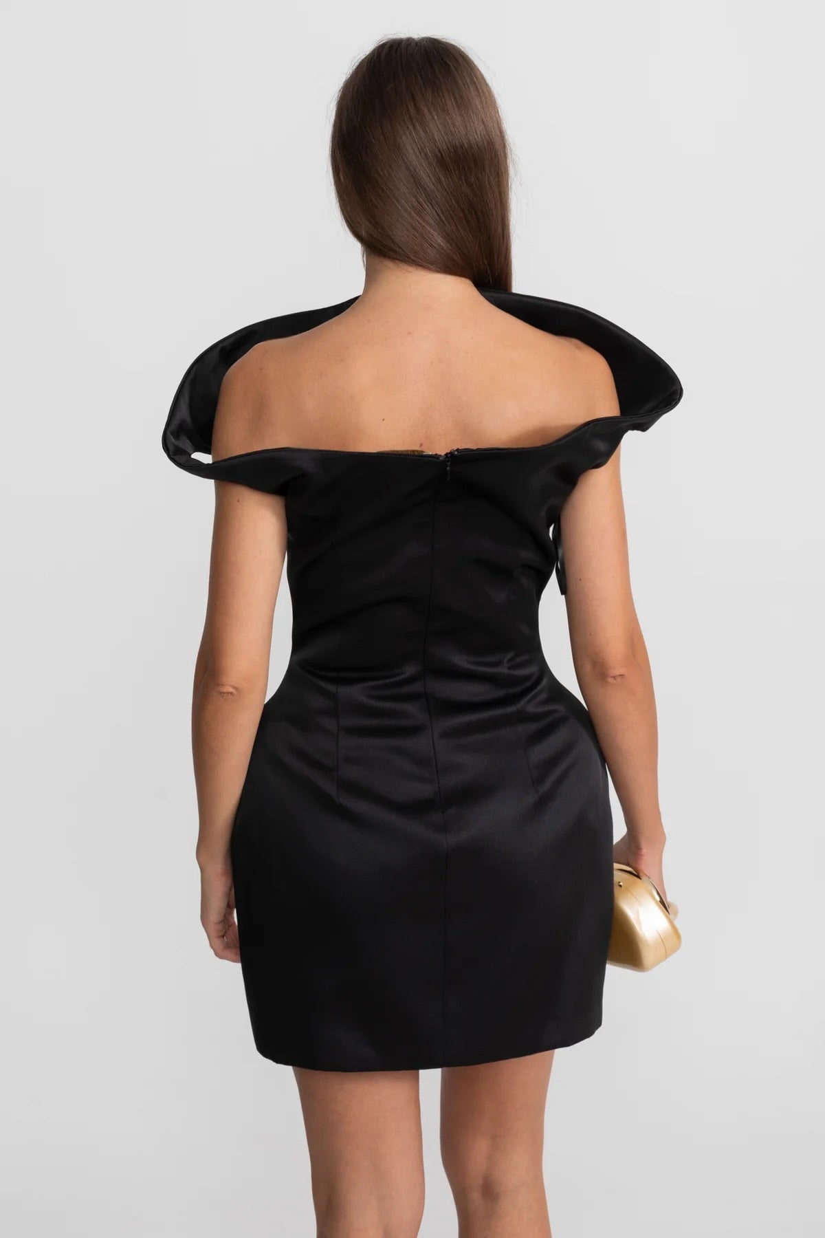 Satin Mini Dress with Sculptural Shoulder Detail - Black - View 2