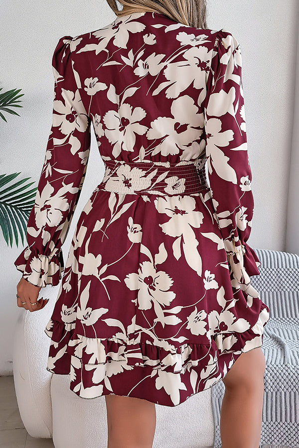 Floral Print V-Neck Tie Front Long Sleeve Ruffle Hem Mini Dress - View 18