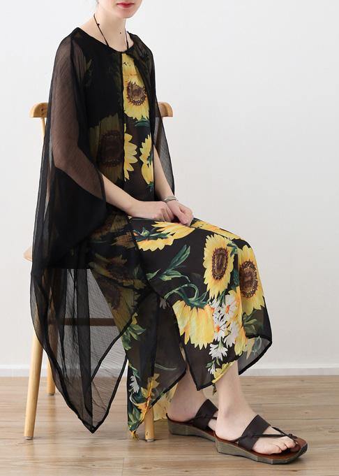 Faux Two-Piece Sunflower Print Sheer Overlay Kimono Sleeve Maxi Dress - View 3