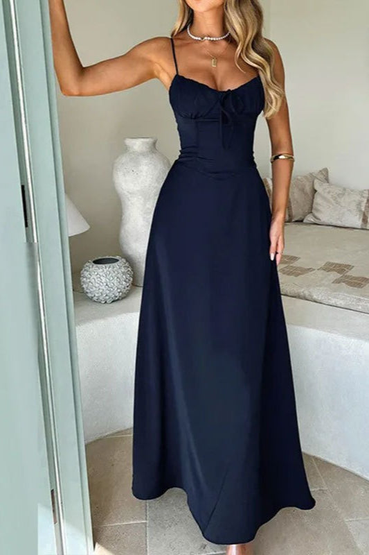 Satin Spaghetti Strap Sweetheart Tie Front Mermaid Maxi Dress - View 5