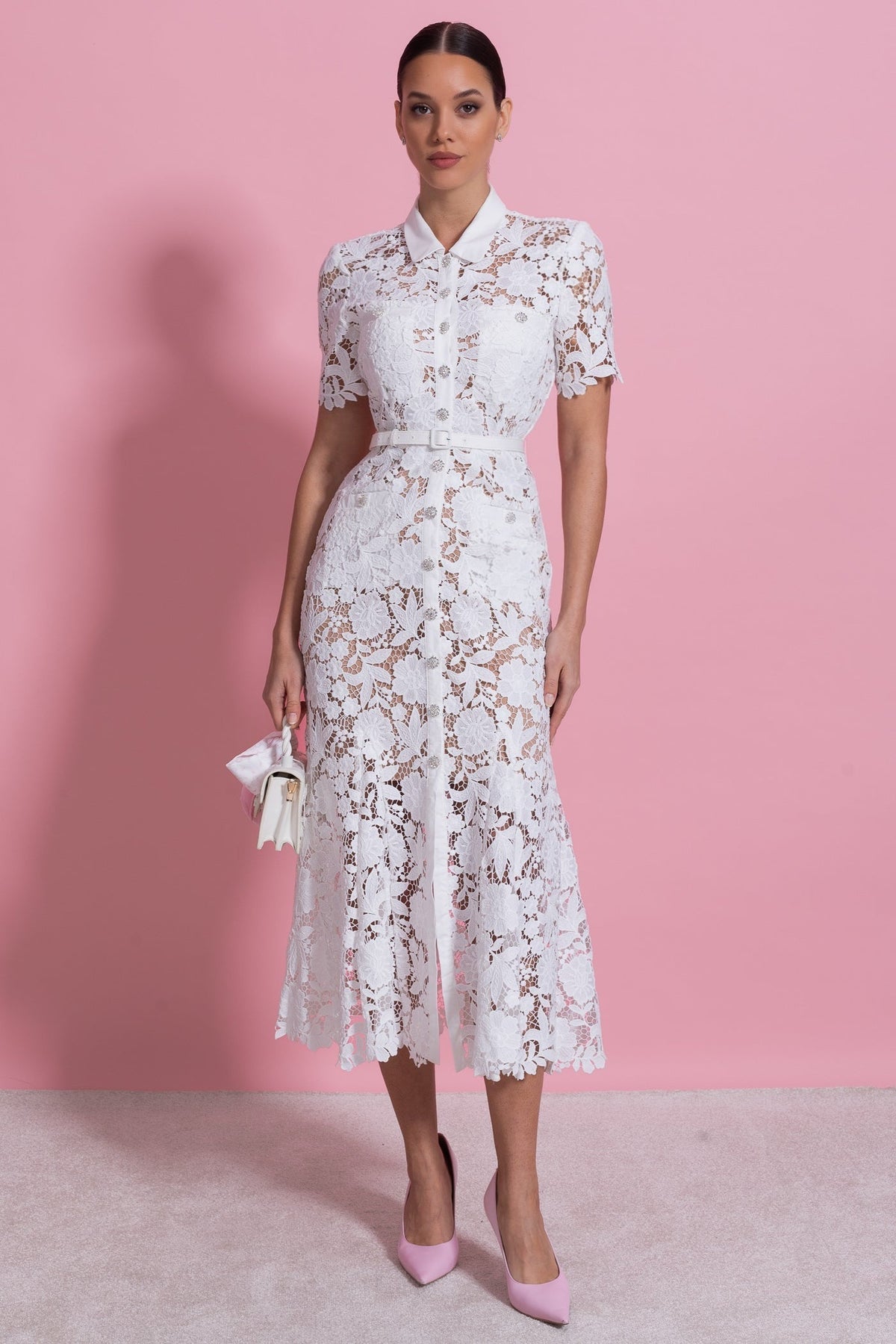 Lace Short Sleeve Midi Dress - White - View 5