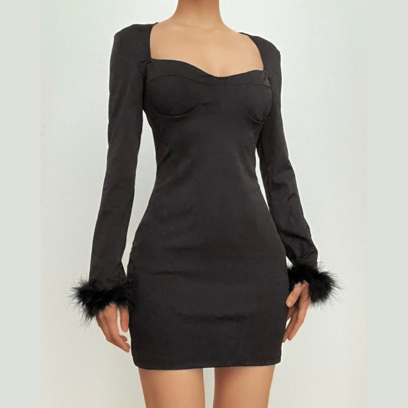 Feather Patchwork Long Sleeve Low Cut Mini Dress
