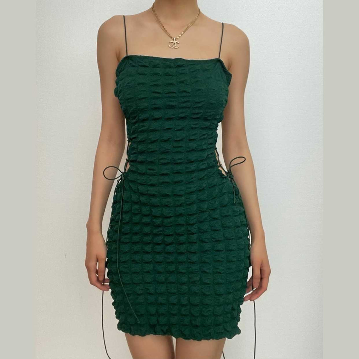 Waffle solid lace up spaghetti strap backless mini dress - View 2