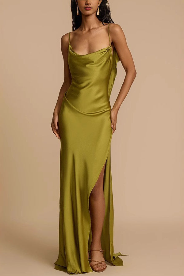 Satin Cowl Neck Spaghetti Strap High Split Column Slip Maxi Gown