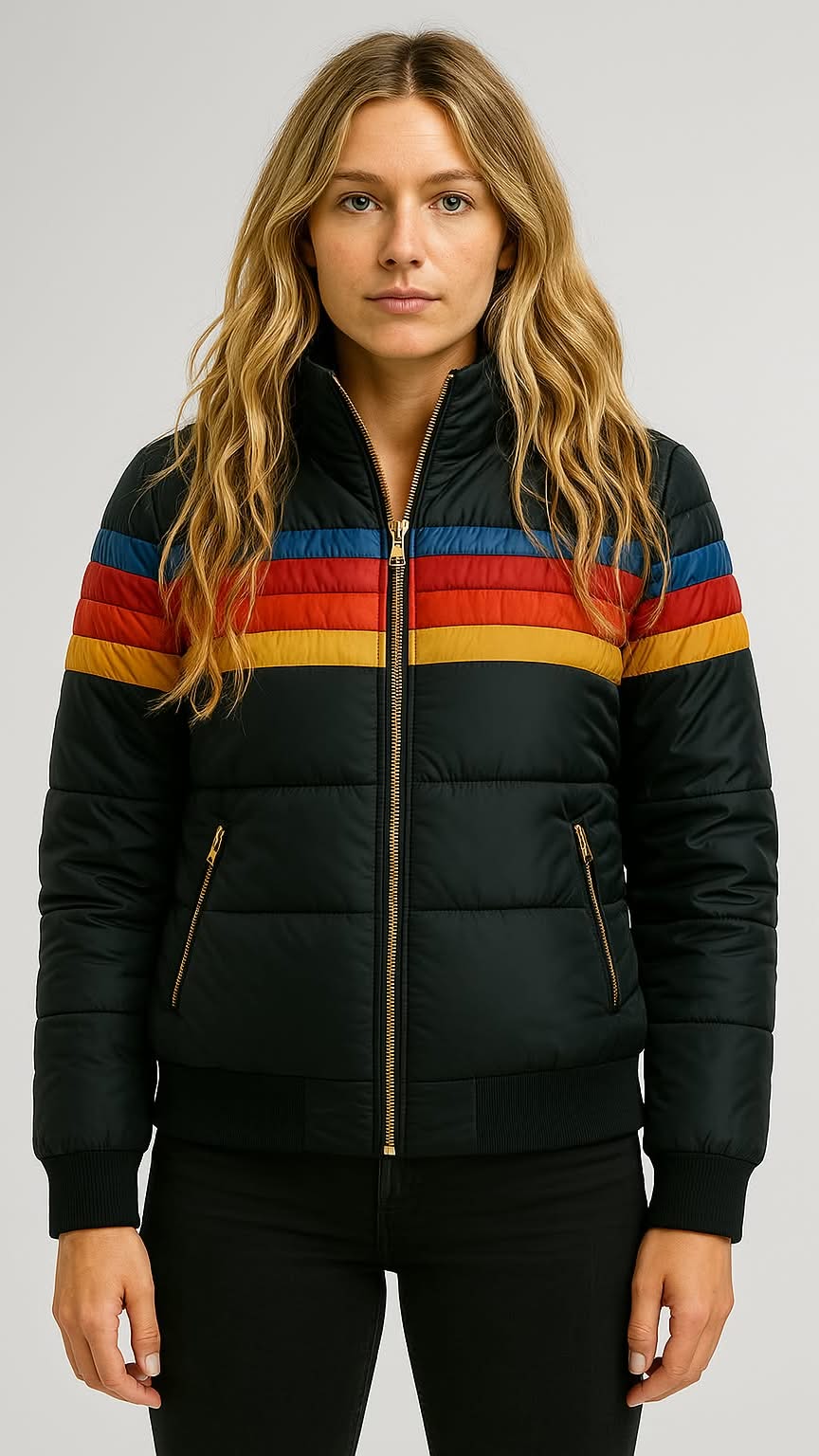Hooded Zip Front Striped Panel Puffer Jacket 2