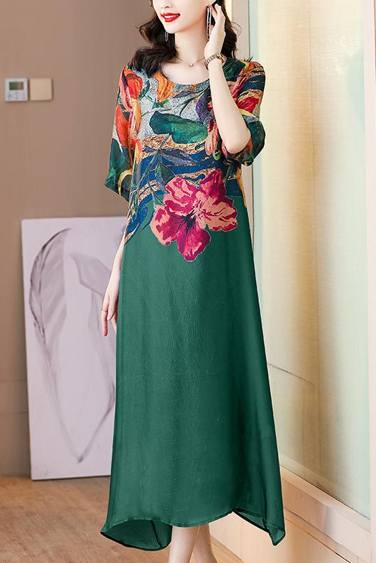 Floral Print Color Block Short Sleeve Loose Midi Dress - View 6