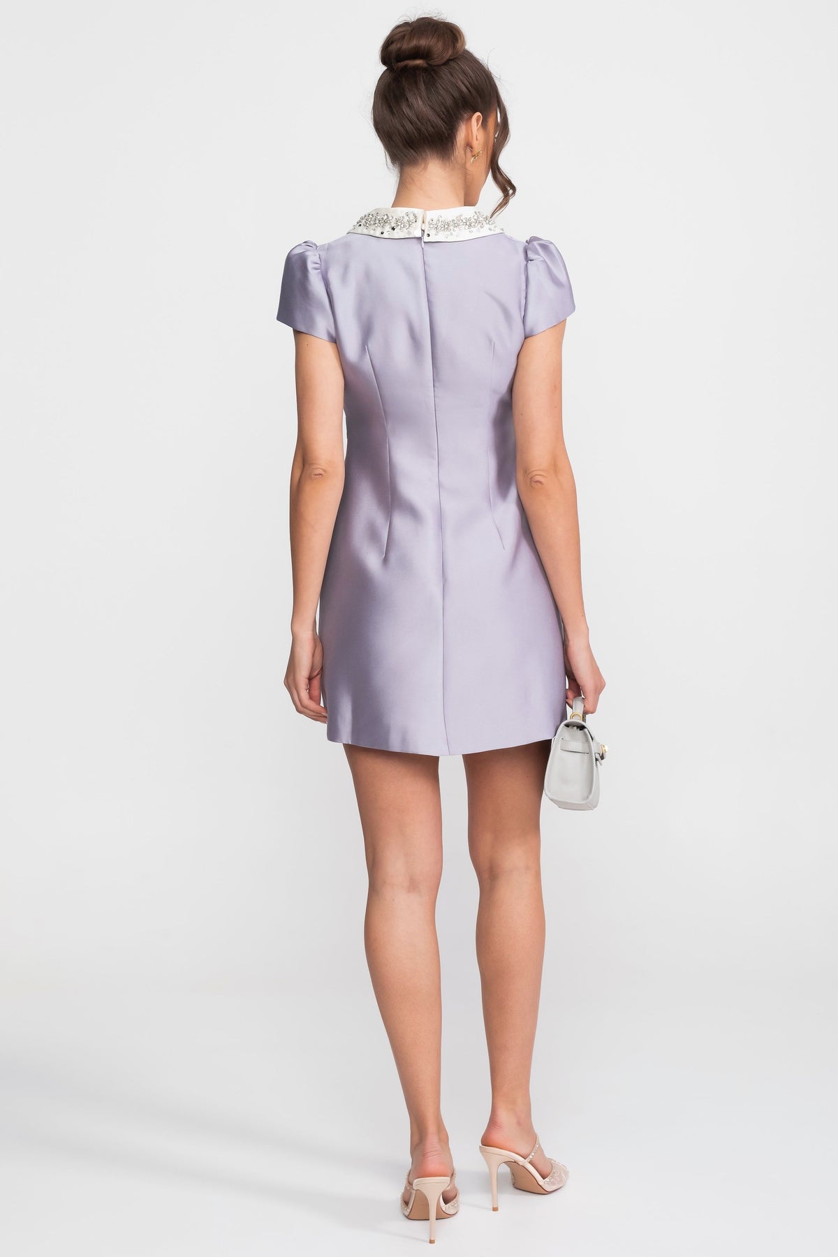 Satin Mini Dress With Crystal Peter Pan Collar And Bow Waist - Lilac - View 3