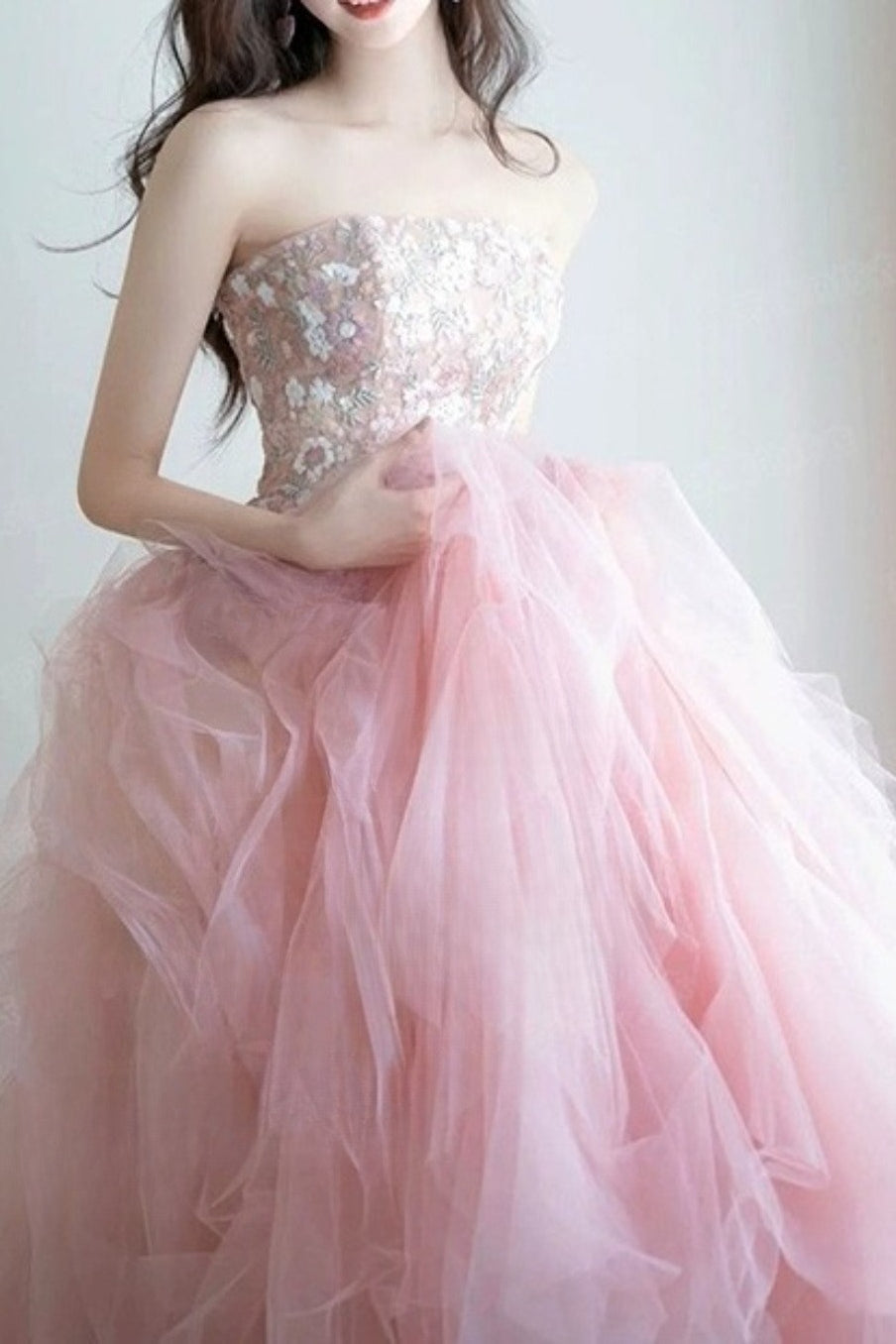 Strapless Sequin Embellished Floral Tiered Tulle Ball Gown - View 2