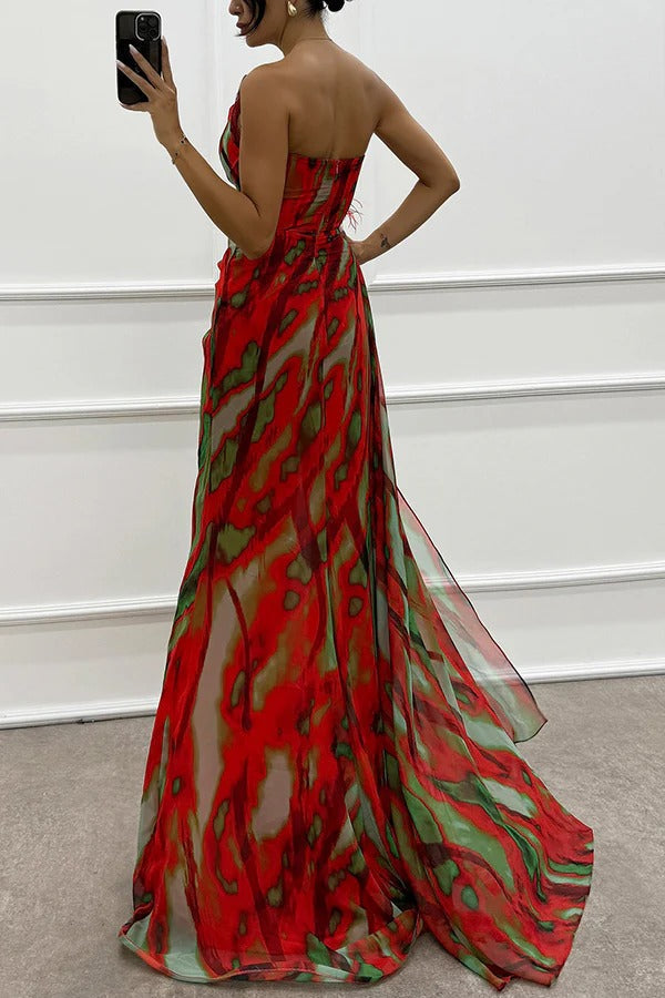 Renee Off Shoulder Watercolor Feather Maxi Dress - View 11