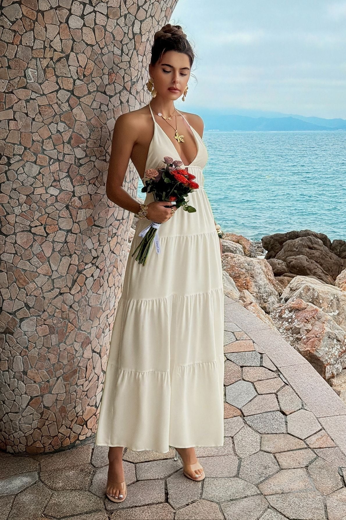 Halter Neck Deep V-Neck Backless Tiered Maxi Dress 5