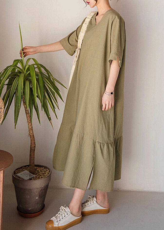 V-Neck Short Sleeve Side Slit Paneled Seam Loose Midi Dress - View 3