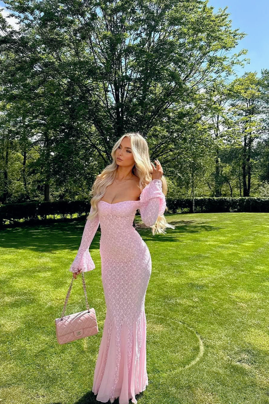 Lace Off Shoulder Bell Sleeve Sweetheart Mermaid Gown - View 5