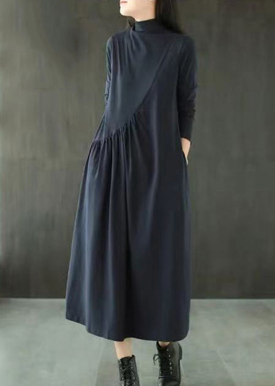Mock Neck Long Sleeve Diagonal Seam Pleated Pocket A-Line Maxi Dress - View 3