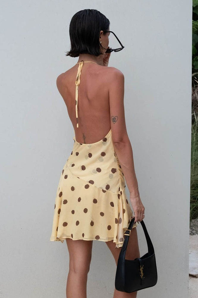Chiffon halter neck Backless Maxi Dress in Yellow - View 3