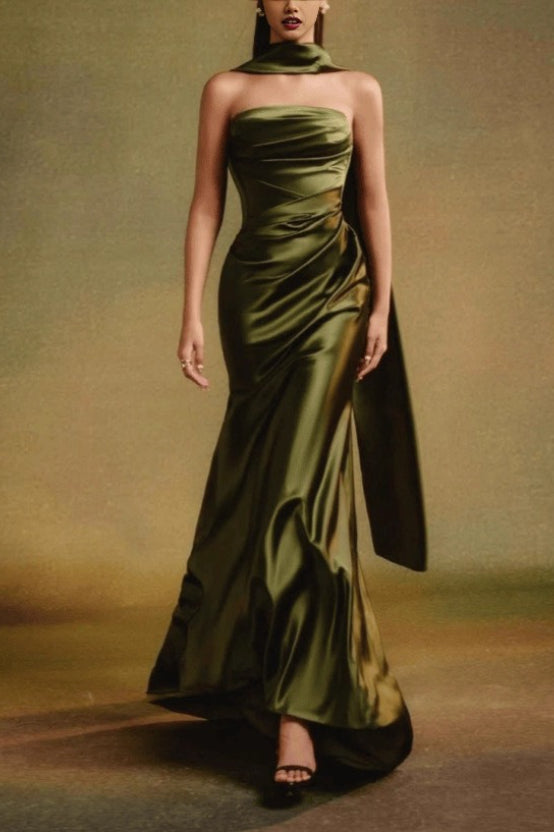 Satin Strapless Ruched Scarf Mermaid Gown