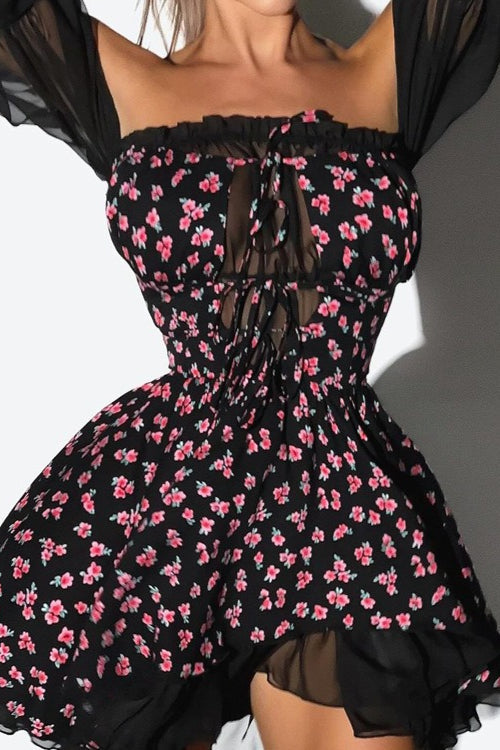 Off Shoulder Puff Sleeve Floral Print Fit and Flare Mini Dress - View 8