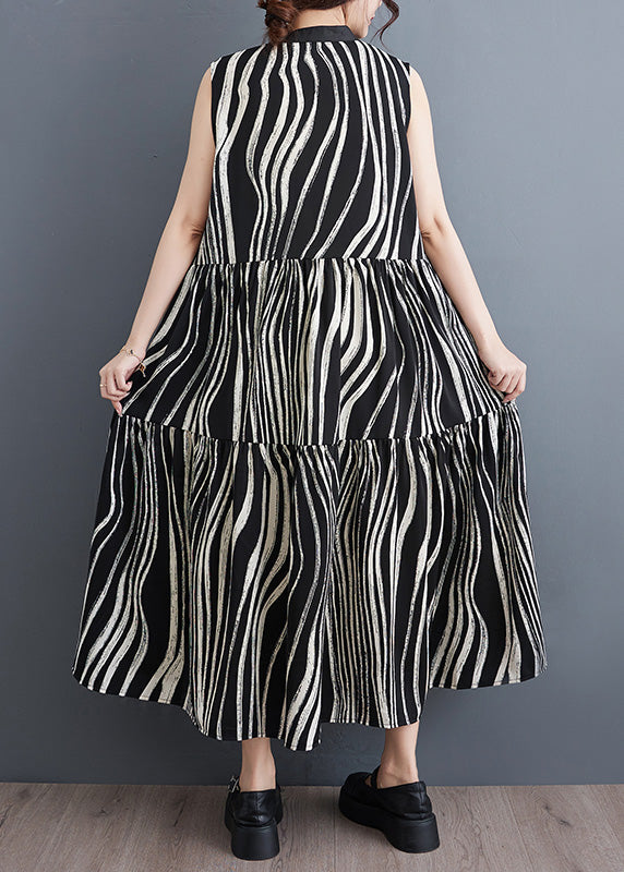 Wavy Stripe Print Band Collar Button Front Tiered Maxi Dress - View 4